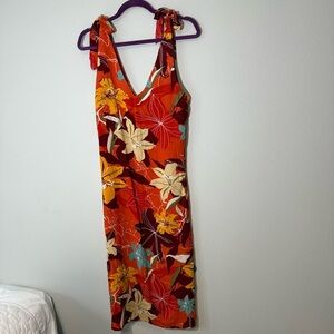 Cupshe Orange Floral Shift Midi Dress w Tie Shoulders and Slits Women’s XS New